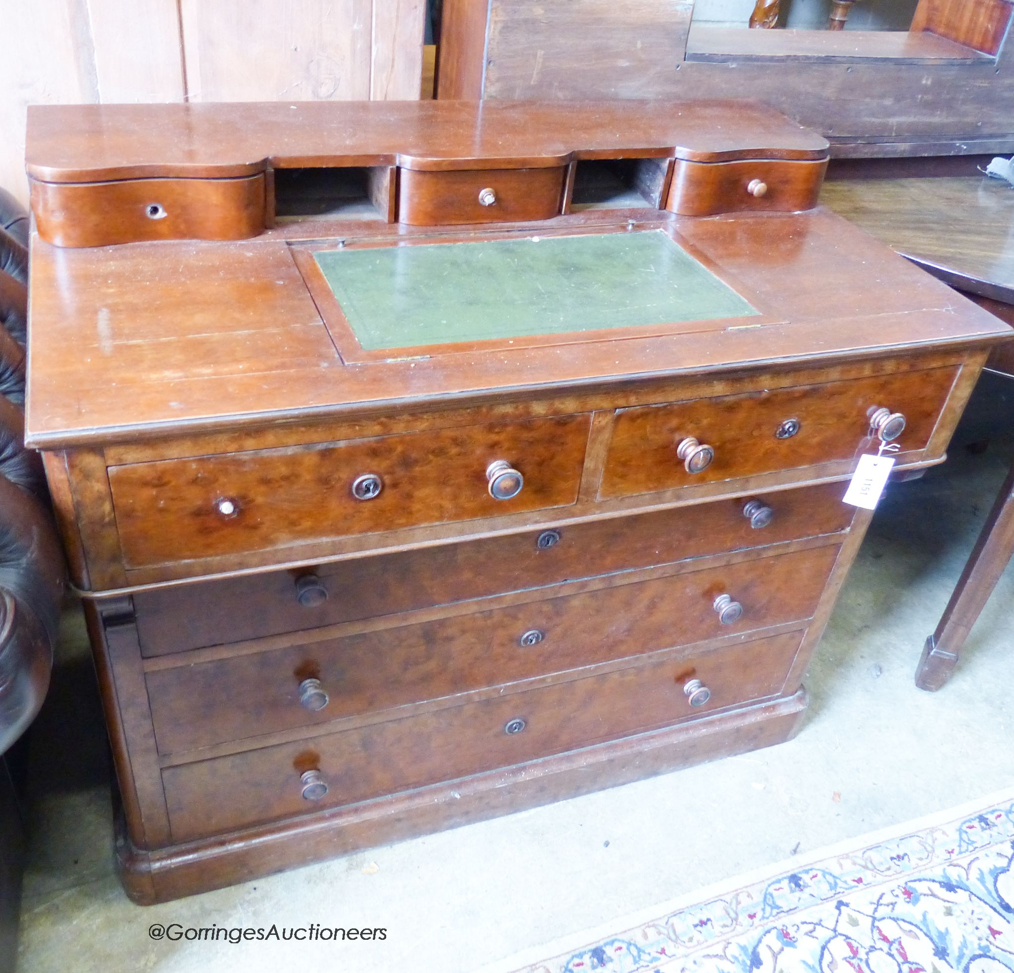A 19th century French mahogany writing chest. W-98cm, D-56cm, H-82cm.